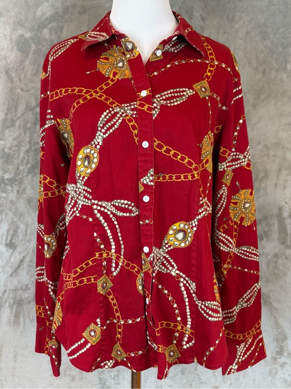 Talbots Wmn’s Stretch Cotton Sateen Top Red w/Multicolor Paisley Trim 12